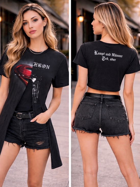 conner ives Tops - Black Graphic Short Sleeve Crop Tee with Red Crest Detail